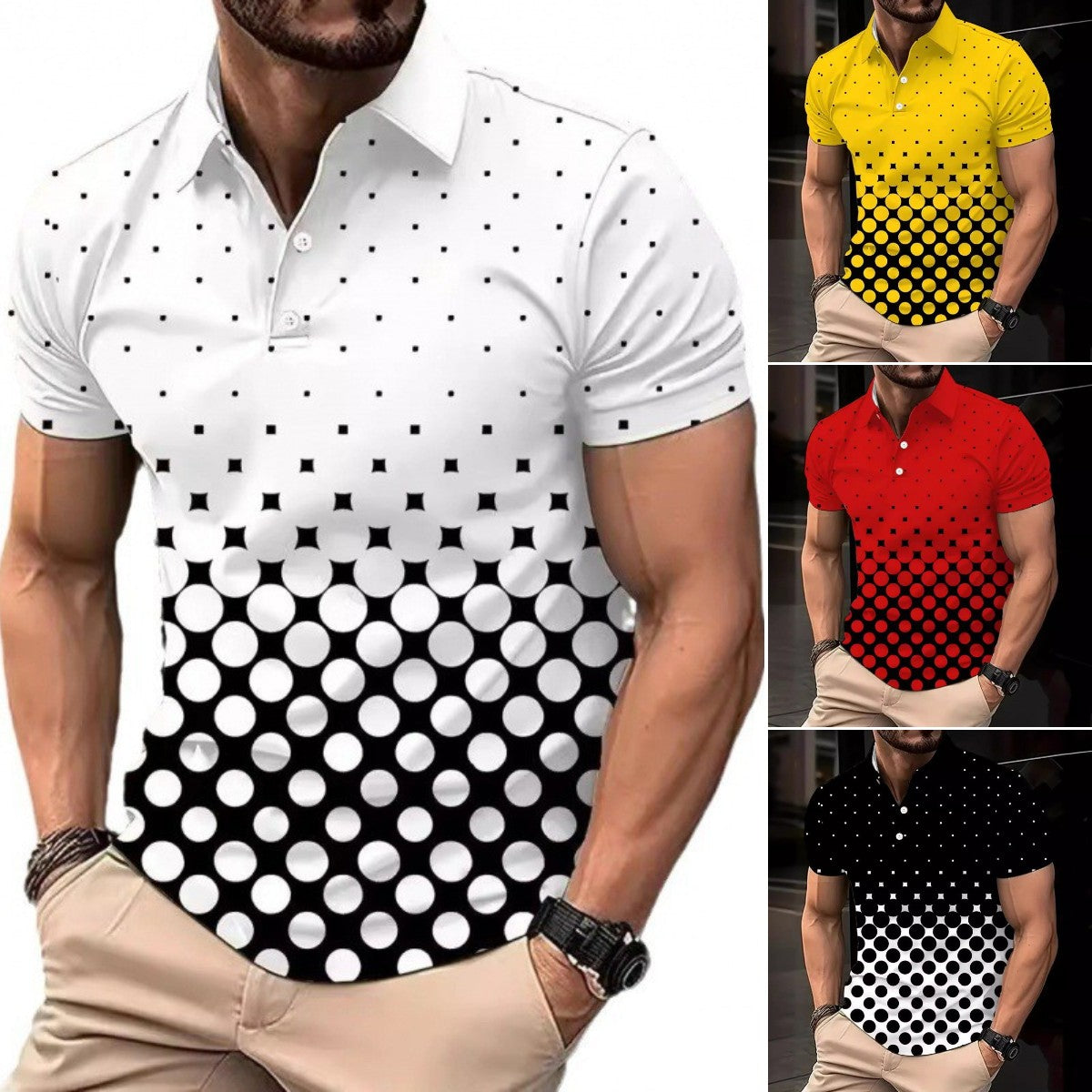 💥【S-3XL】Tricou POLO casual pentru bărbați, cu imprimare în degrade, cu imprimare digitală 3D