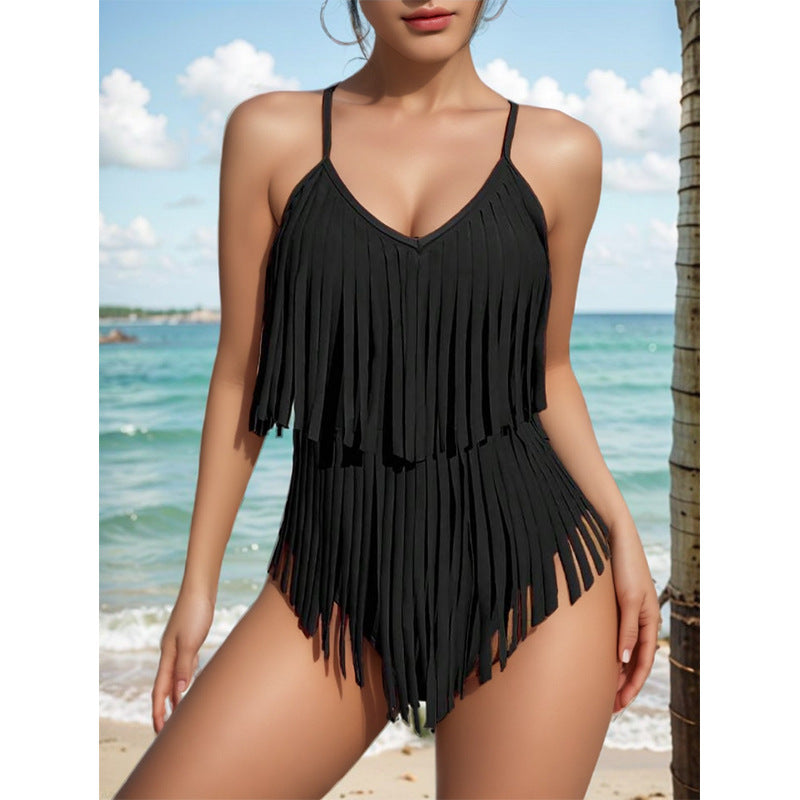 👙2024 Costum de baie sexy cu decolteu în V, slim fit, fără spate, cu franjuri