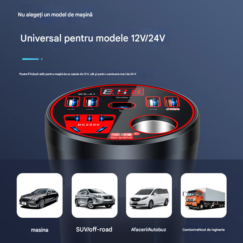 🚗🧰Convertor de putere invertor auto 12V 24V la 220V încărcător multifuncțional priză auto