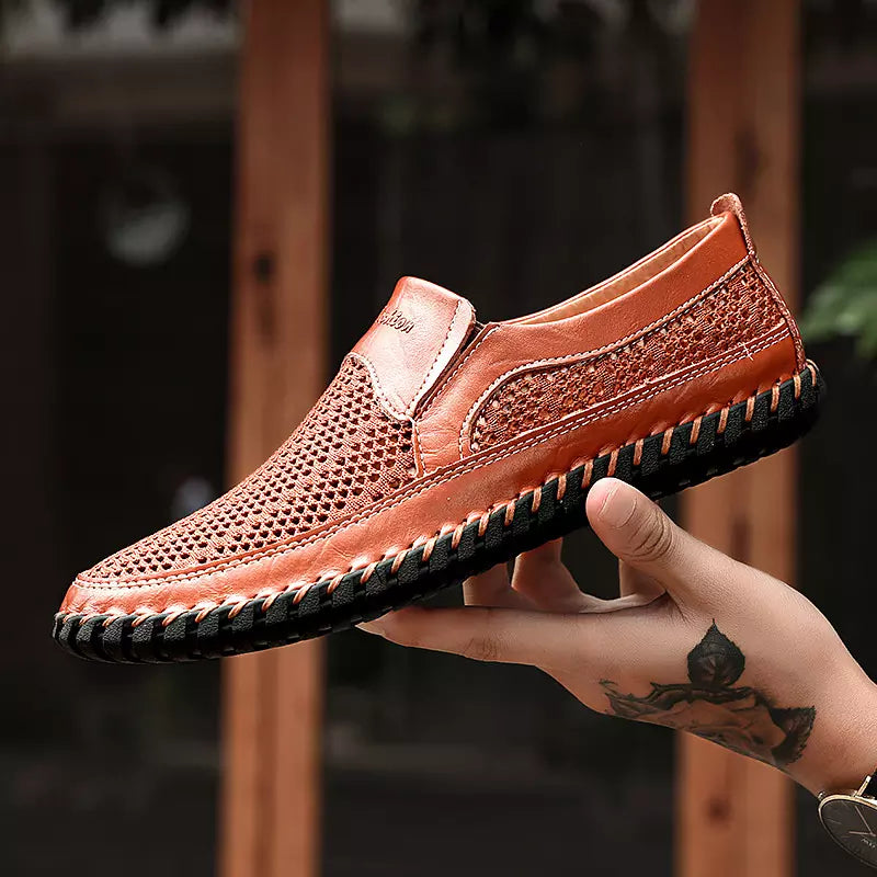 【38-48】👞Primăvara și vara, noi pantofi de bărbați cu ochiuri de plasă flyknit plus dimensiuni - piele de vacă reală, anti-sudori și anti-miros, respirabilă și confortabilă