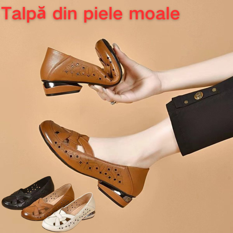 💞【35-40】 2025 Sandale de damă noi, cu vârf rotund, din piele naturală, cu toc mic