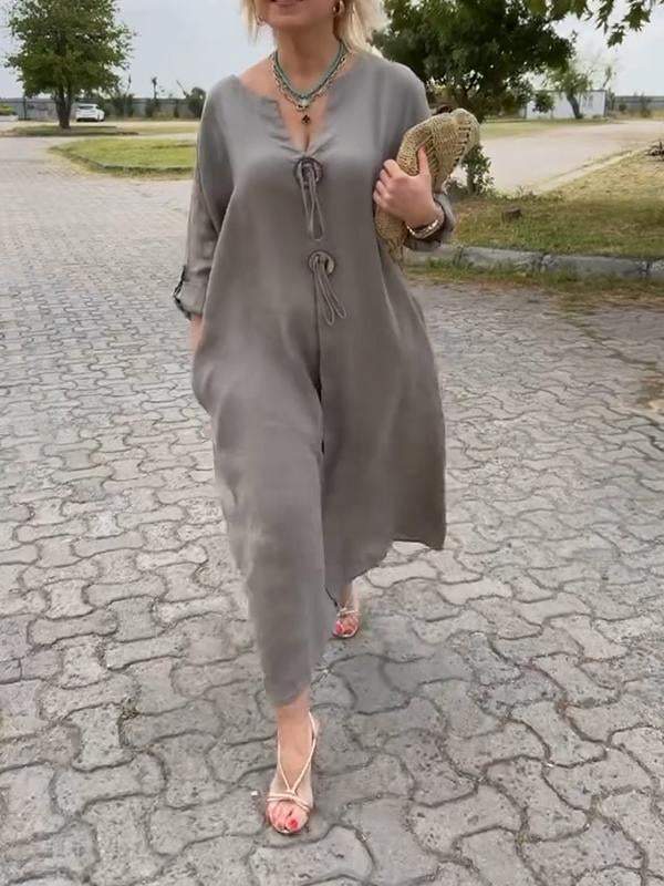 👗 【S-5XL】Rochie casual din bumbac și in cu gât în V cu mâneci lungi