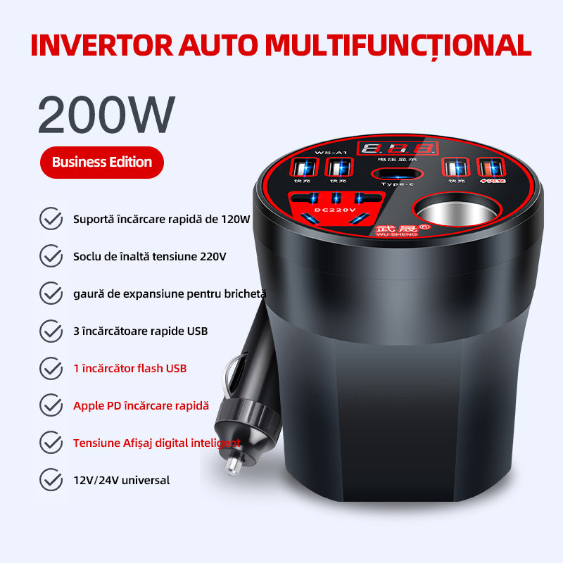 🚗🧰Convertor de putere invertor auto 12V 24V la 220V încărcător multifuncțional priză auto