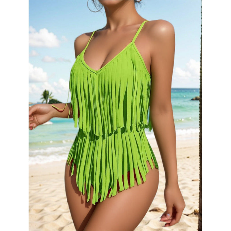 👙2024 Costum de baie sexy cu decolteu în V, slim fit, fără spate, cu franjuri